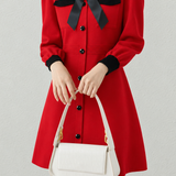 Elegant Colorblock Bow Button Knit Dress