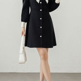 Elegant Colorblock Bow Button Knit Dress