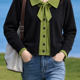 Casual Colorblock Collared Bow Tie Knit Cardigan