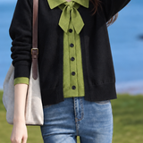 Casual Colorblock Collared Bow Tie Knit Cardigan