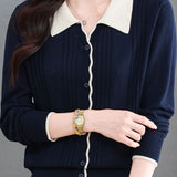 Chic Colorblock Ribbed Collared Knit Cardigan