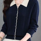 Chic Colorblock Ribbed Collared Knit Cardigan