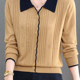 Chic Colorblock Ribbed Collared Knit Cardigan