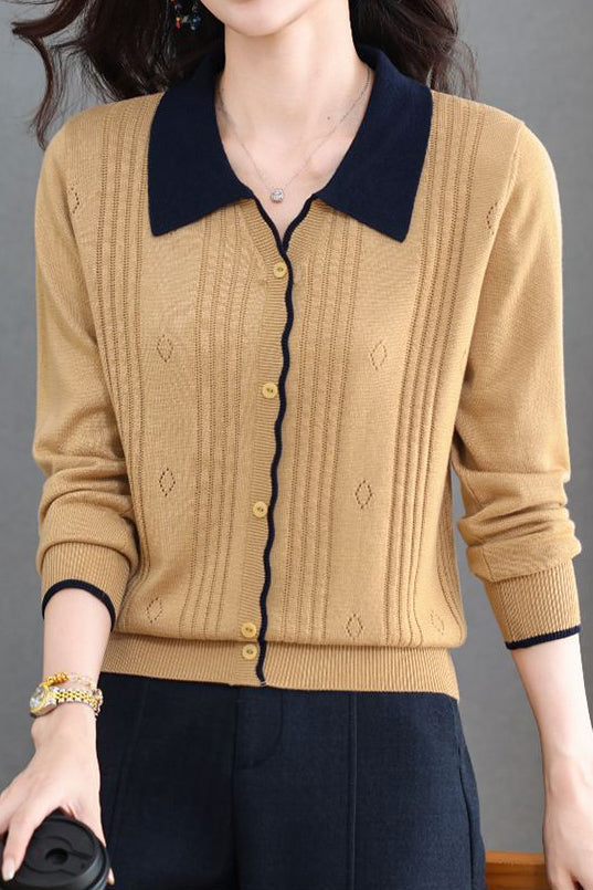 Chic Colorblock Ribbed Collared Knit Cardigan