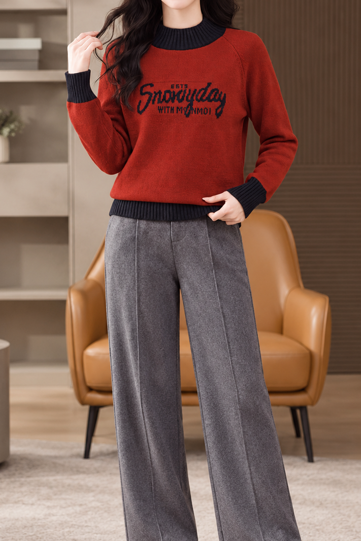 Casual Colorblock Mock Neck Letter Jacquard Knit Sweater - liwisi