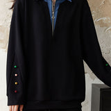 Casual Layered Look Denim Collared Half Zip Sweatshirt