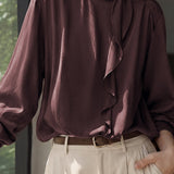 Elegant Ruffle Tie Detail Asymmetric Button Blouse