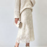 Elegant Floral Button Lace Panel Knit Set