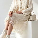 Elegant Floral Button Lace Panel Knit Set