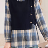 Casual Layered Look Plaid Patchwork Bow Button Shirt