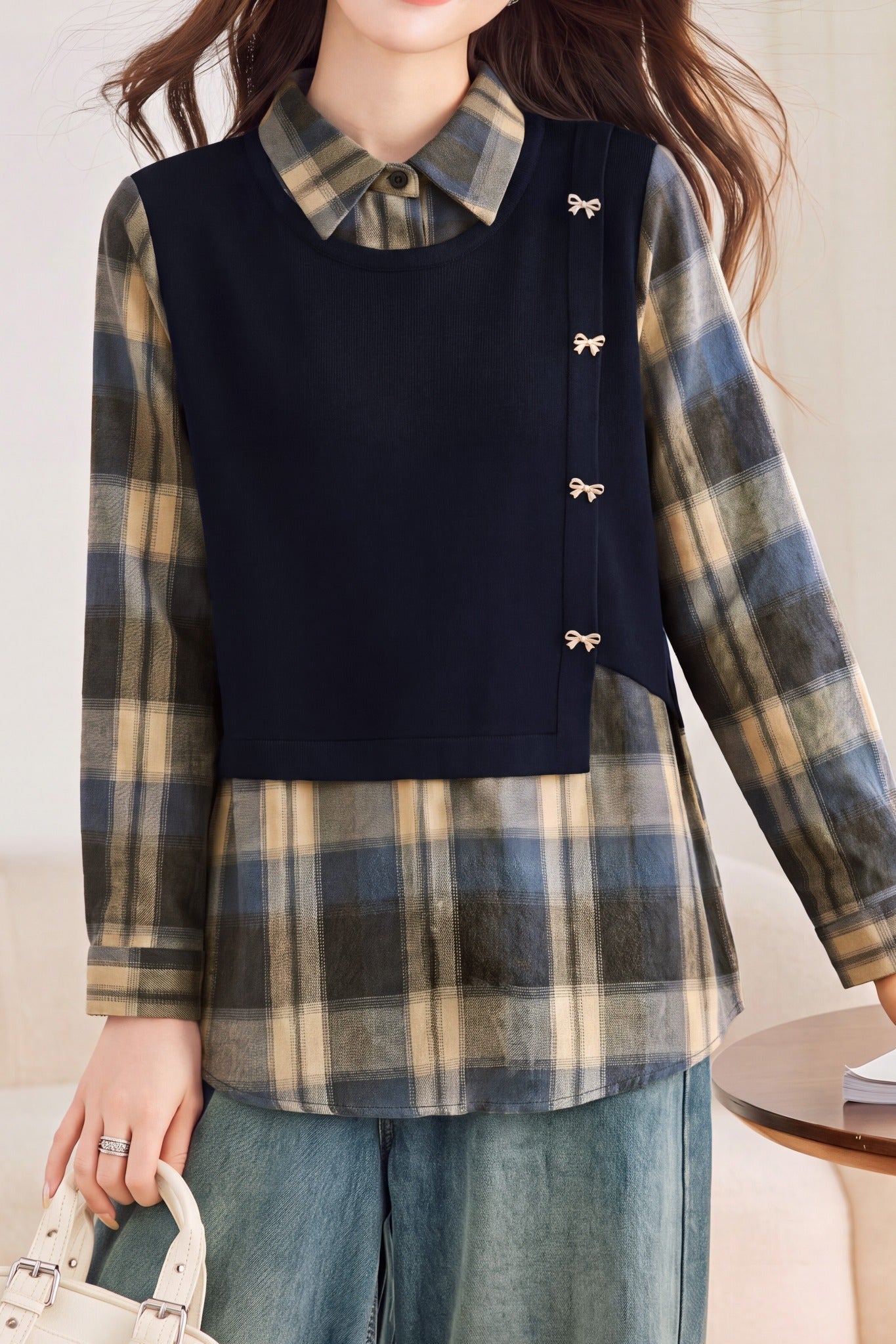 Casual Layered Look Plaid Patchwork Bow Button Shirt - liwisi
