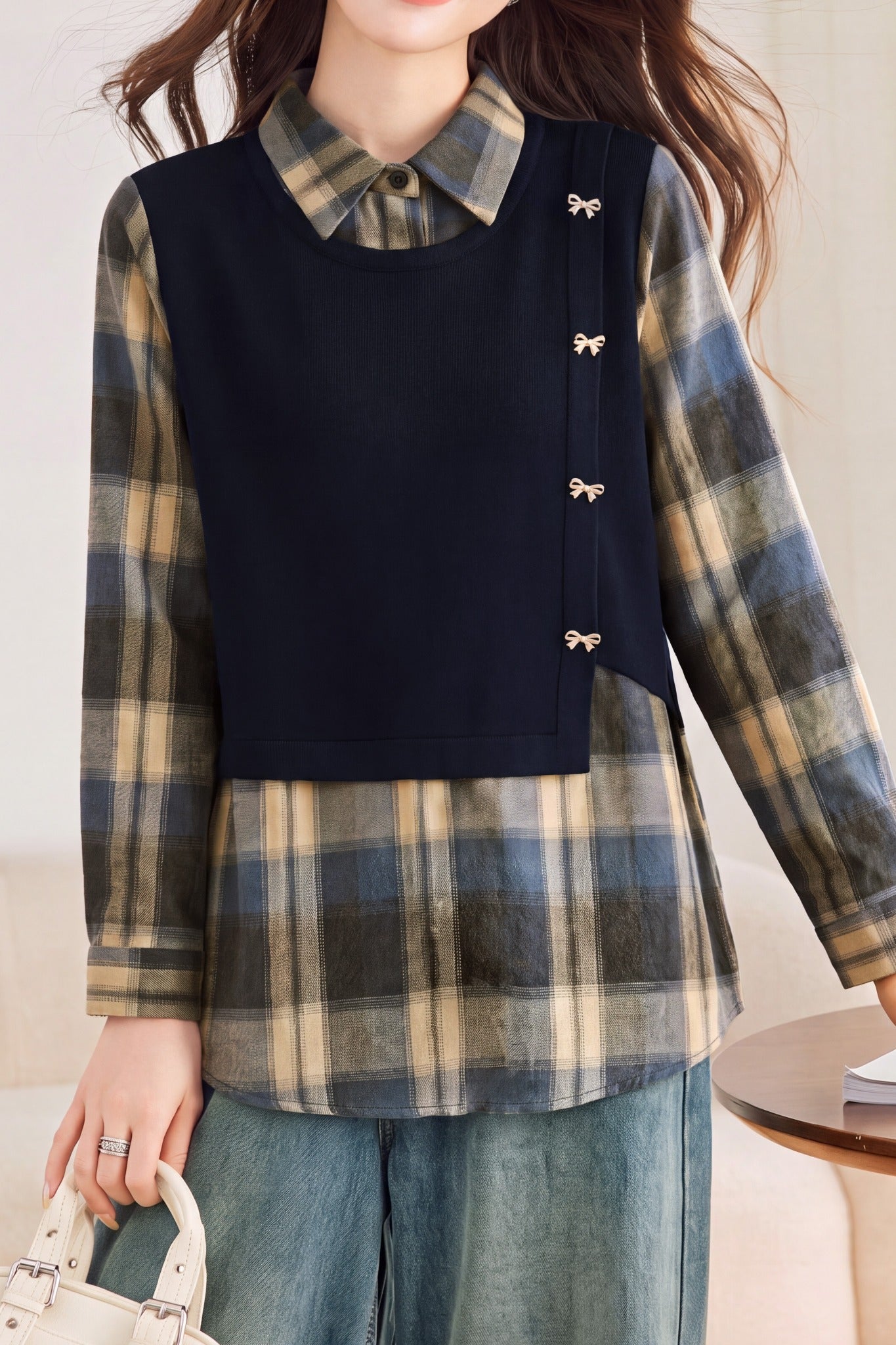 Casual Layered Look Plaid Patchwork Bow Button Shirt - liwisi