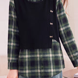 Casual Layered Look Plaid Patchwork Bow Button Shirt