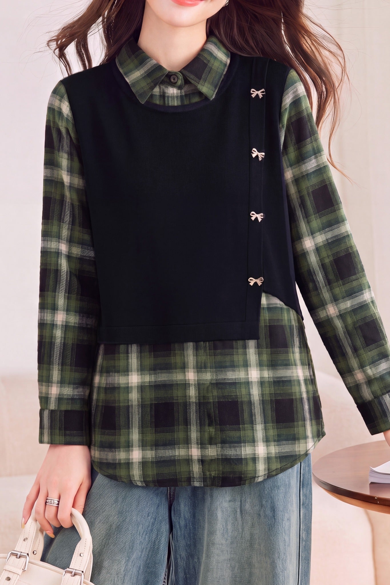 Casual Layered Look Plaid Patchwork Bow Button Shirt - liwisi