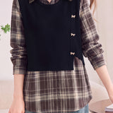 Casual Layered Look Plaid Patchwork Bow Button Shirt
