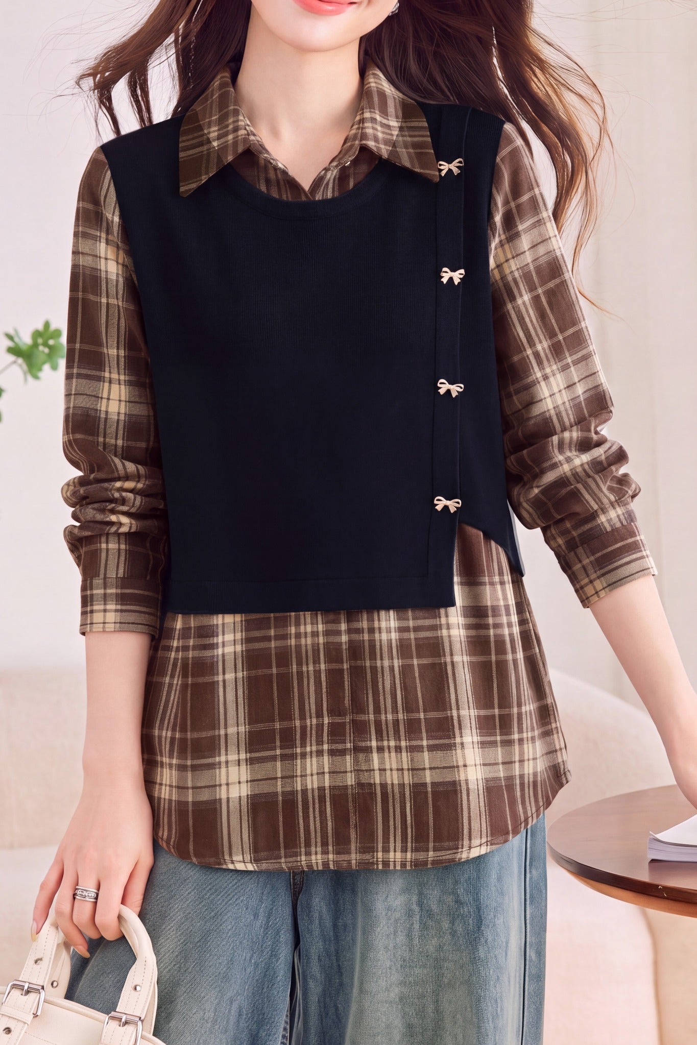 Casual Layered Look Plaid Patchwork Bow Button Shirt - liwisi