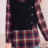 Casual Layered Look Plaid Patchwork Bow Button Shirt