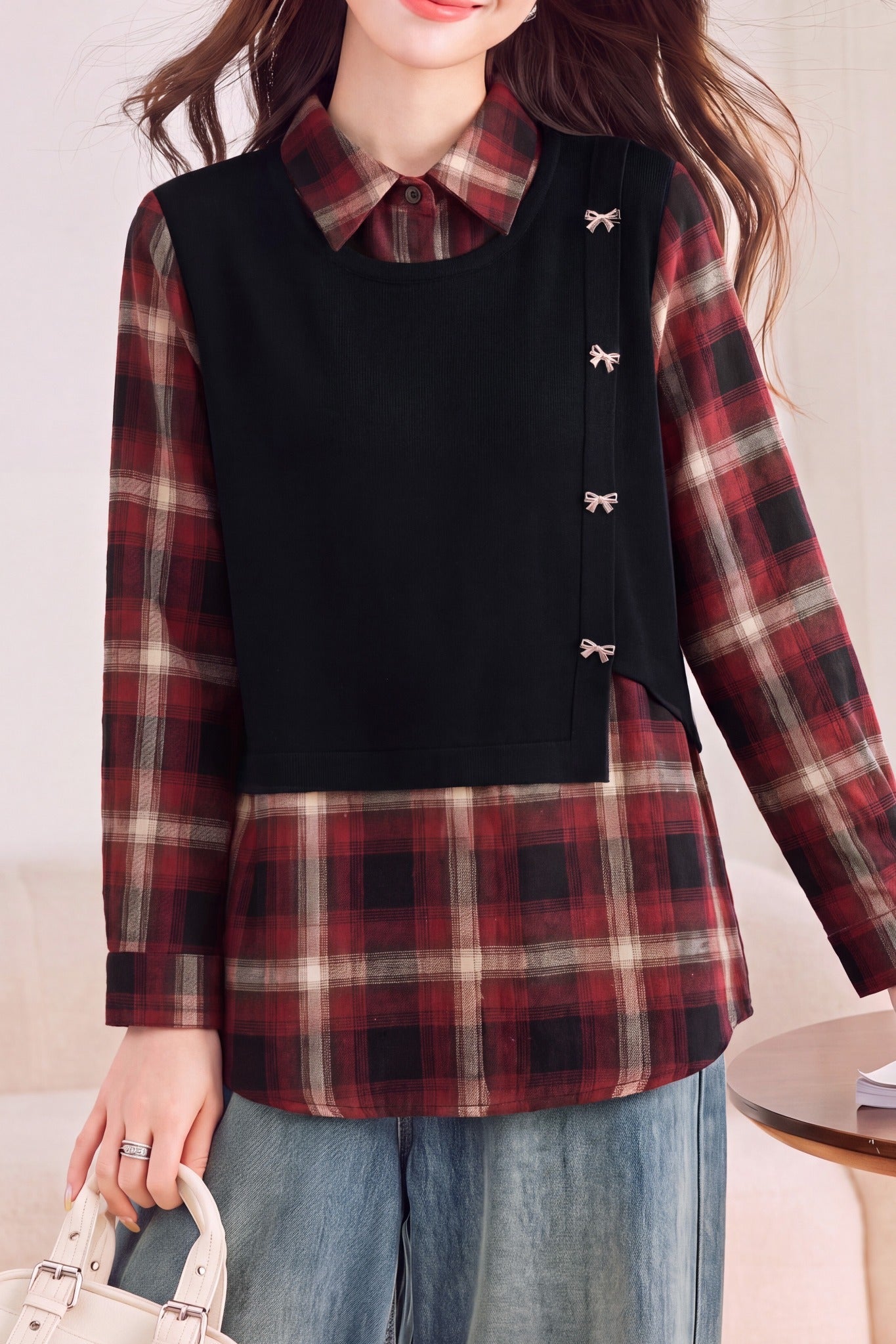 Casual Layered Look Plaid Patchwork Bow Button Shirt - liwisi