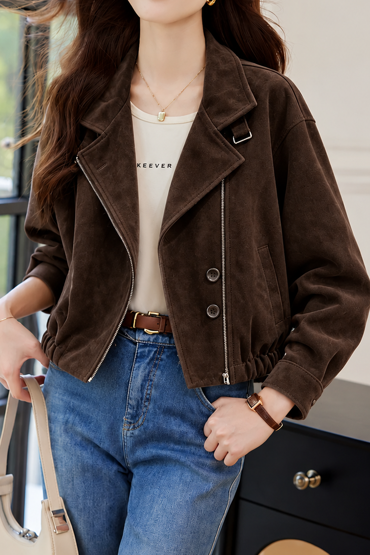 Casual Vintage Collared Asymmetric Zip Jacket