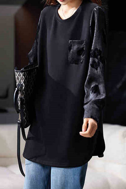 Casual Crew Neck Sweatshirt with Velvet Patch Pockets