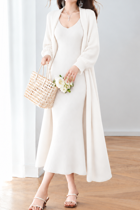 Casual Long Cardigan Ribbed Knit Two Piece Set