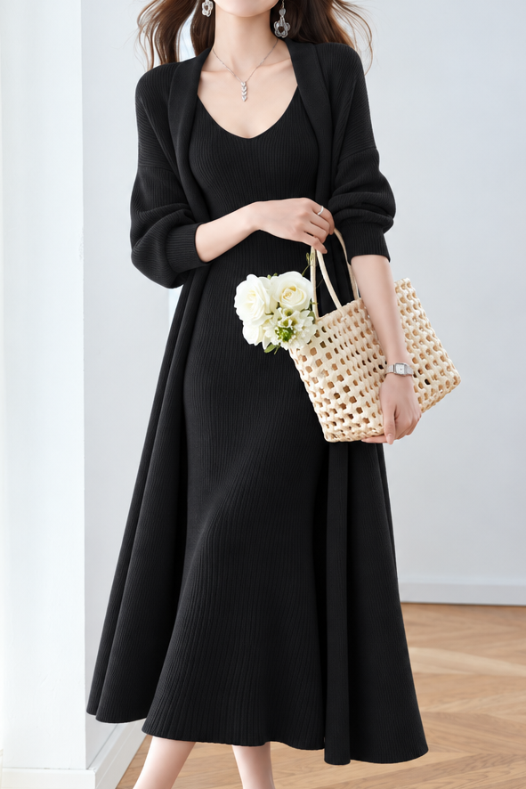 Casual Long Cardigan Ribbed Knit Two Piece Set