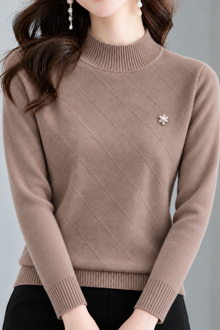 Elegant Textured Diamond Jacquard Floral Knit Sweater