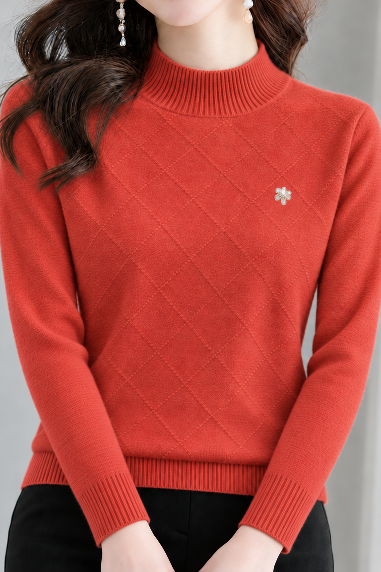 Elegant Textured Diamond Jacquard Floral Knit Sweater