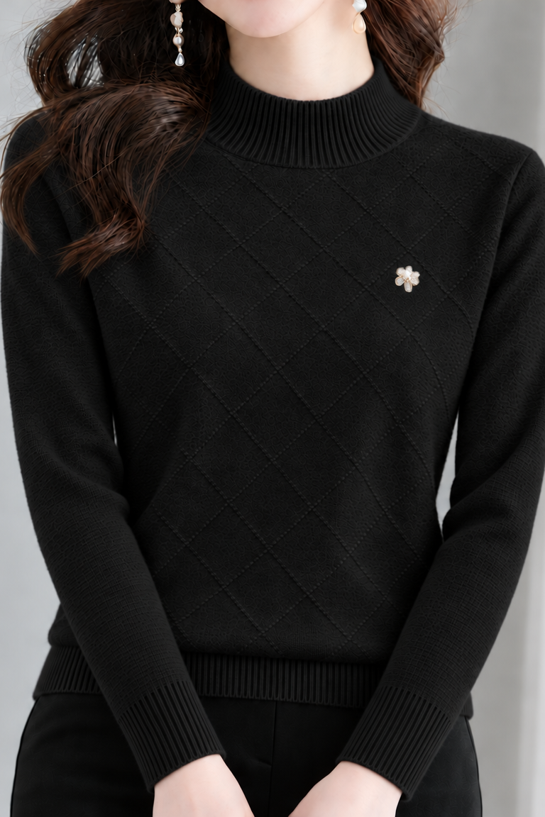 Elegant Textured Diamond Jacquard Floral Knit Sweater