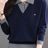 Chic Layered Look Colorblock Collared Knit Sweater