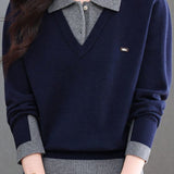 Chic Layered Look Colorblock Collared Knit Sweater