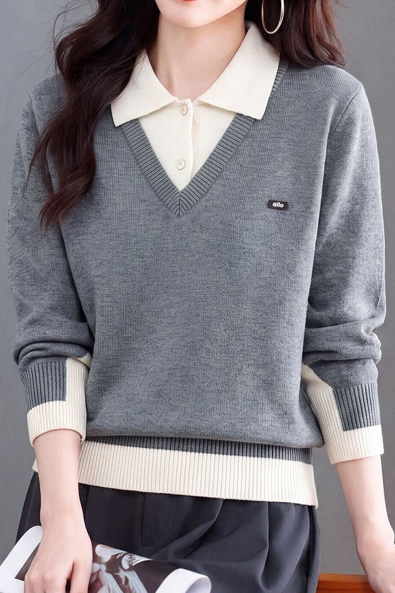 Chic Layered Look Colorblock Collared Knit Sweater