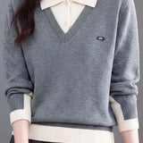 Chic Layered Look Colorblock Collared Knit Sweater