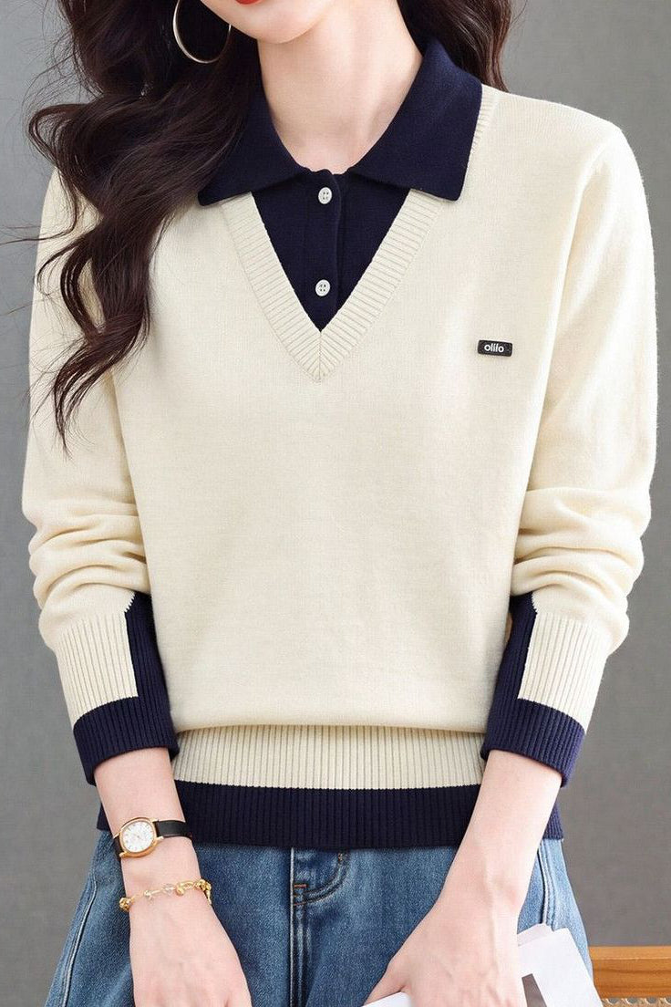 Chic Layered Look Colorblock Collared Knit Sweater