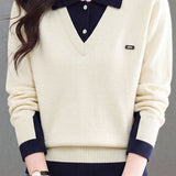 Chic Layered Look Colorblock Collared Knit Sweater