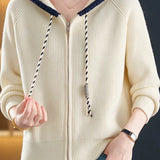 Casual Colorblock Hooded Zip-Up Knit Cardigan