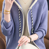 Casual Colorblock Hooded Zip-Up Knit Cardigan