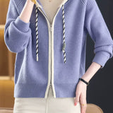 Casual Colorblock Hooded Zip-Up Knit Cardigan