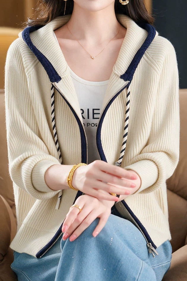 Casual Colorblock Hooded Zip-Up Knit Cardigan