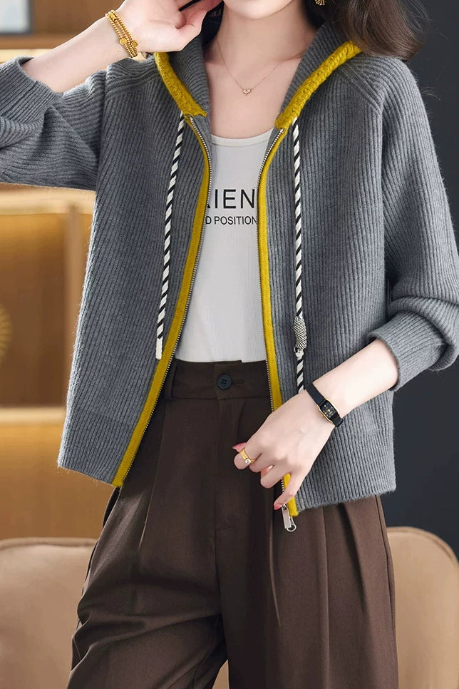 Casual Colorblock Hooded Zip-Up Knit Cardigan