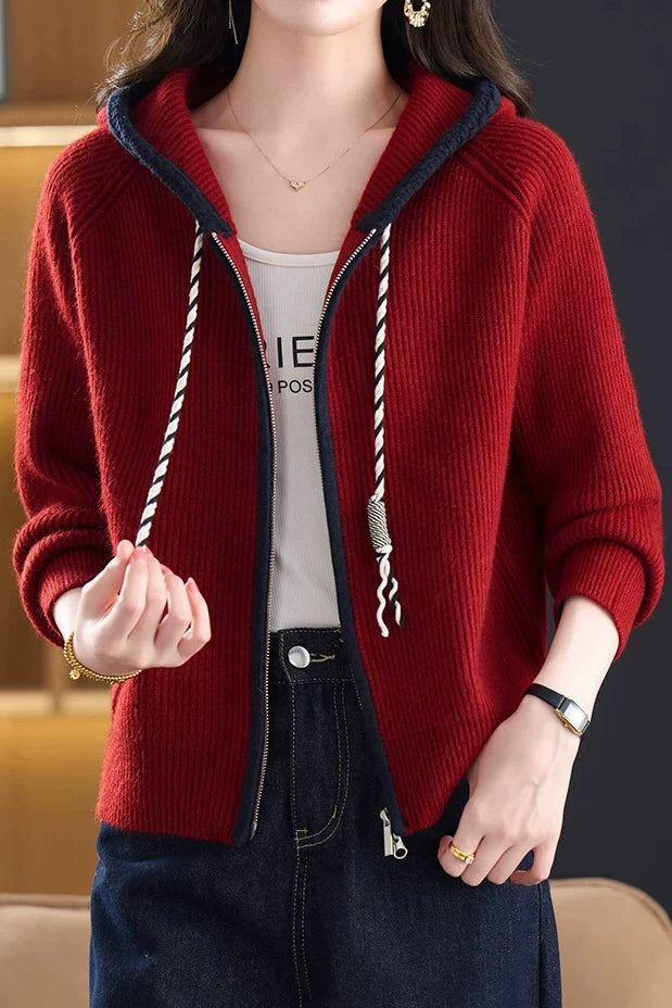 Casual Colorblock Hooded Zip-Up Knit Cardigan