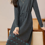 Chic Mock Neck Drawstring Jacquard Knit Dress