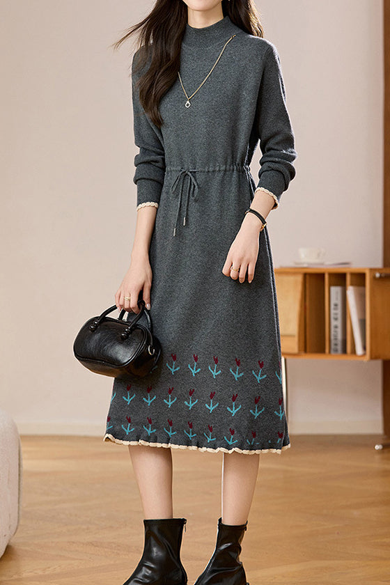 Chic Mock Neck Drawstring Jacquard Knit Dress