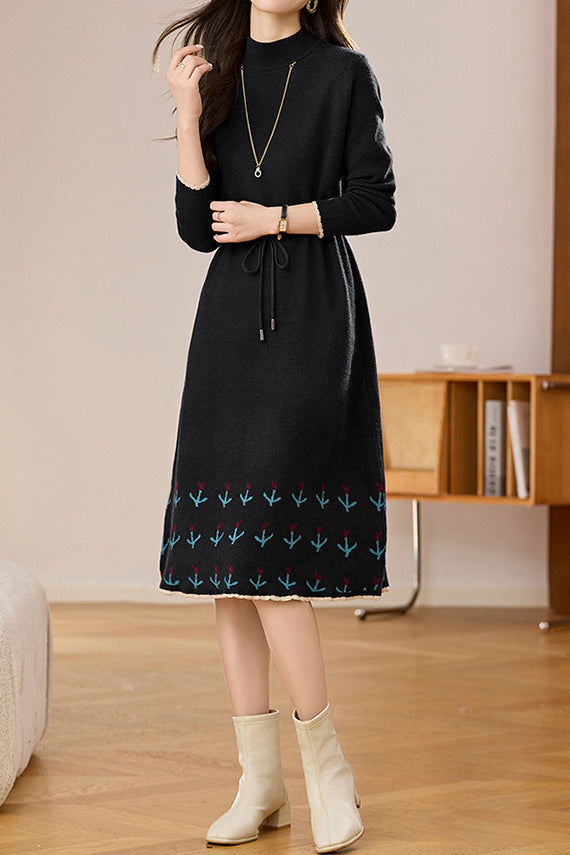 Chic Mock Neck Drawstring Jacquard Knit Dress