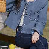 Elegant Woven Trim Patch Pocket Metal Button Jacket
