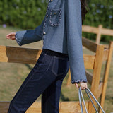 Elegant Woven Trim Patch Pocket Metal Button Jacket