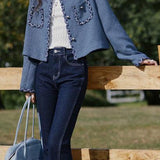 Elegant Woven Trim Patch Pocket Metal Button Jacket