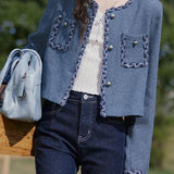 Elegant Woven Trim Patch Pocket Metal Button Jacket