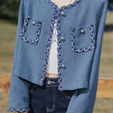 Elegant Woven Trim Patch Pocket Metal Button Jacket