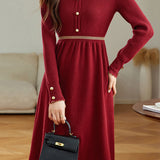 Elegant Mock Neck Lace Trim Panel Knit Dress